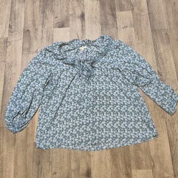 Max Studio Floral Peasant Blouse Ruffle Neck Tie‎ Long Sleeves boho Size L 041 - Picture 1 of 6